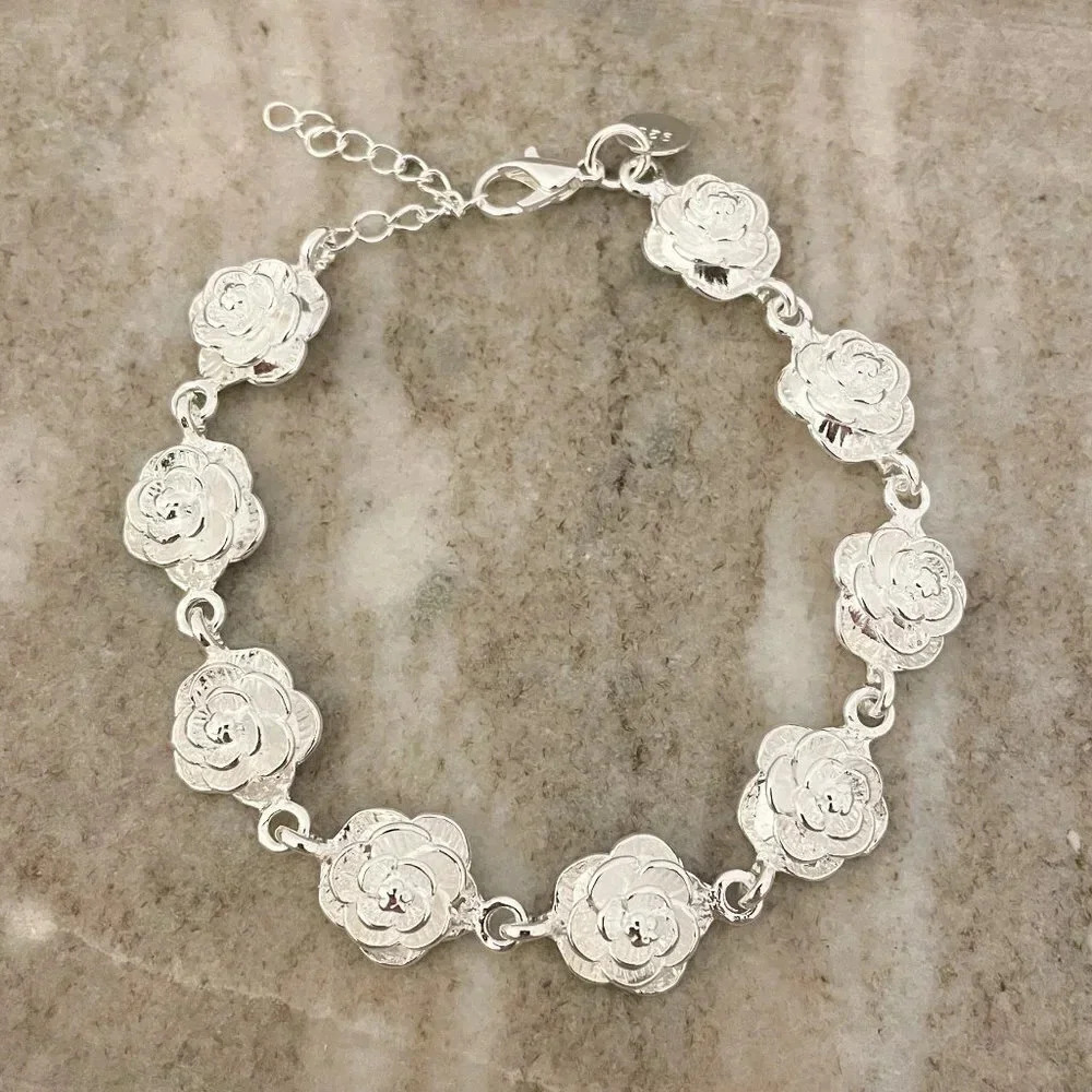 925 Sterling Silver Flower Bracelet Rose Bracelet Flower Charm Bracelet